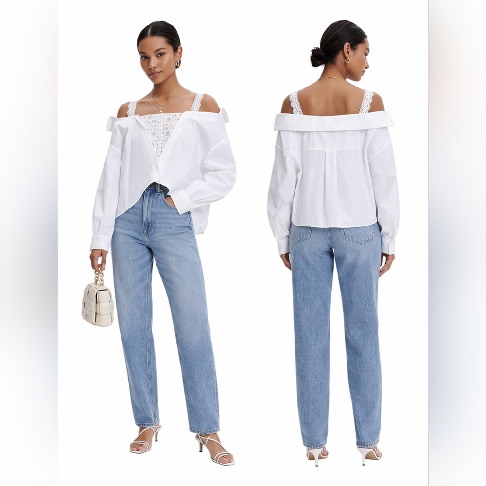 NWT Maje Levita Cotton Cold Shoulder Lace Strap Top White Loose Fit Size 3 US L